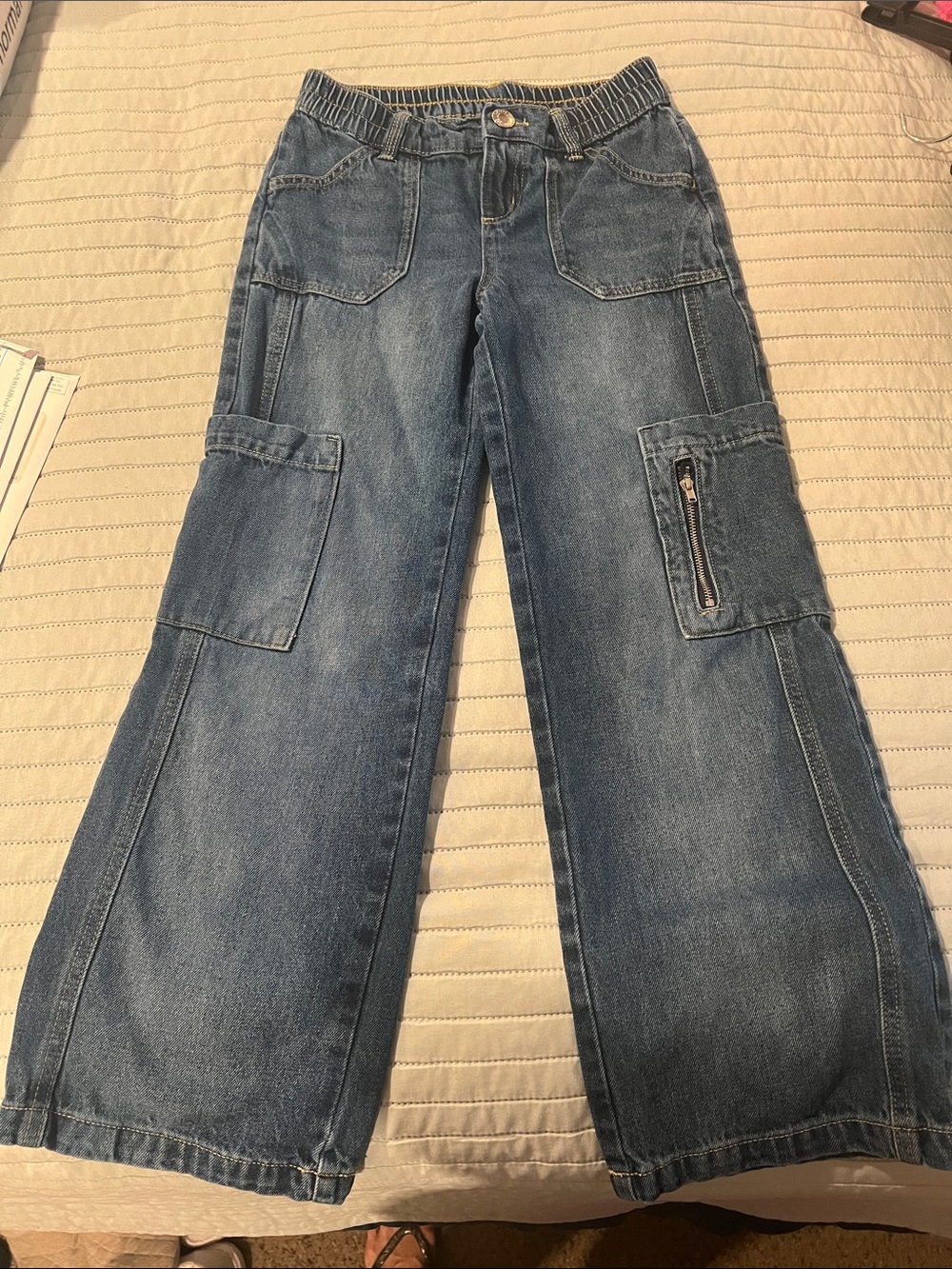 Wide Leg Cargo Jeans for Girls- Blue Denim